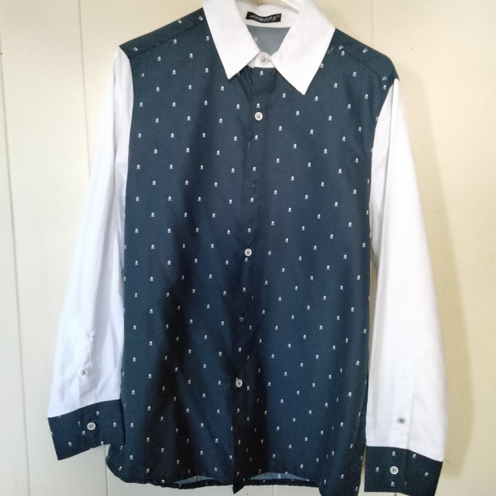 AOWOFS Men's Button Down Skull print dress Shirt. Navy Blue and White . XL